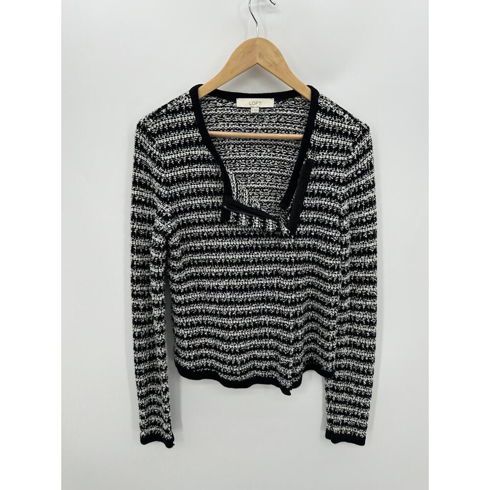 Loft Blazer‎ Women Medium Black White Striped Tweed Full Zip Jacket Knit Career